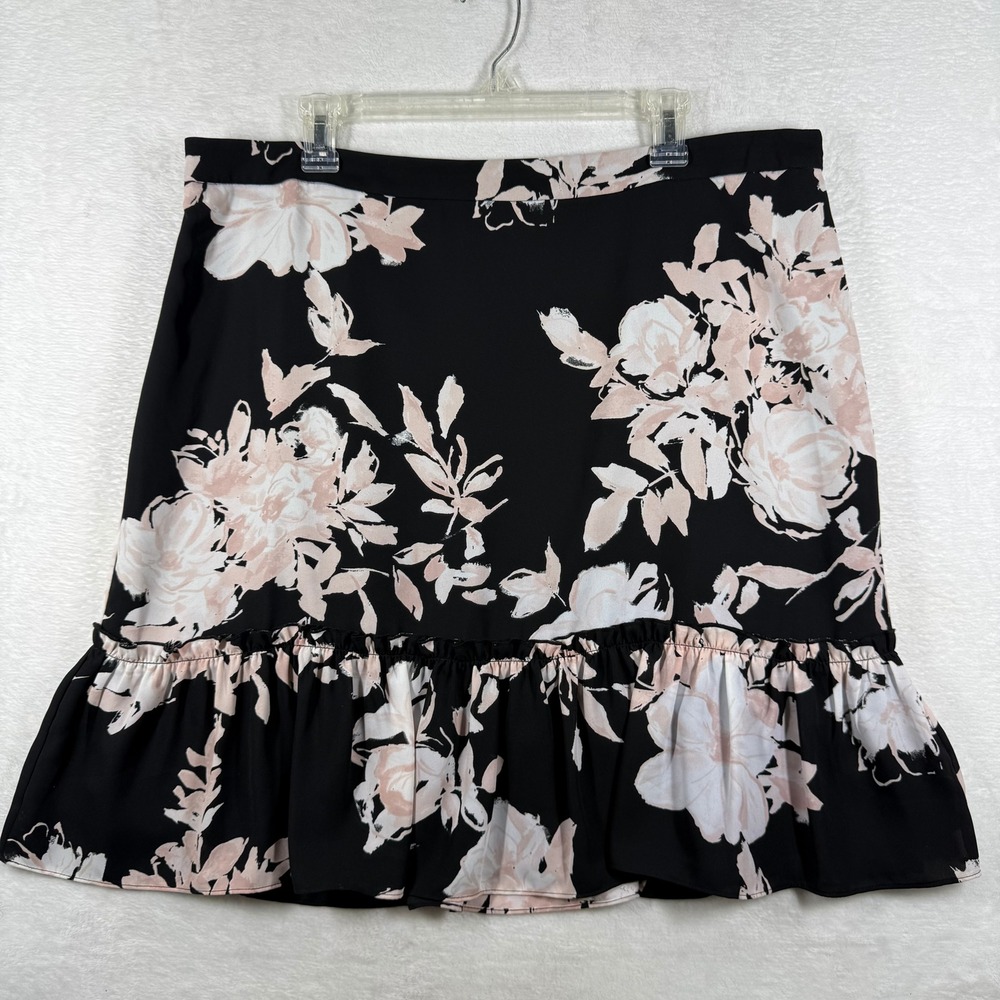 Karl Lagerfeld Paris Womens Black Pink Floral Ruffle Hem Skirt Size 16 L8BN6301